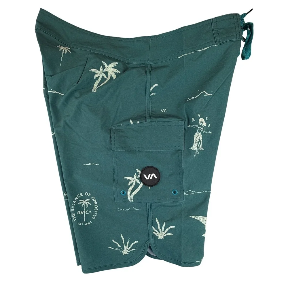 RVCA Mens Board Shorts Size 32 Teal Green Tropical Hula Palm Tree Swim Trunks